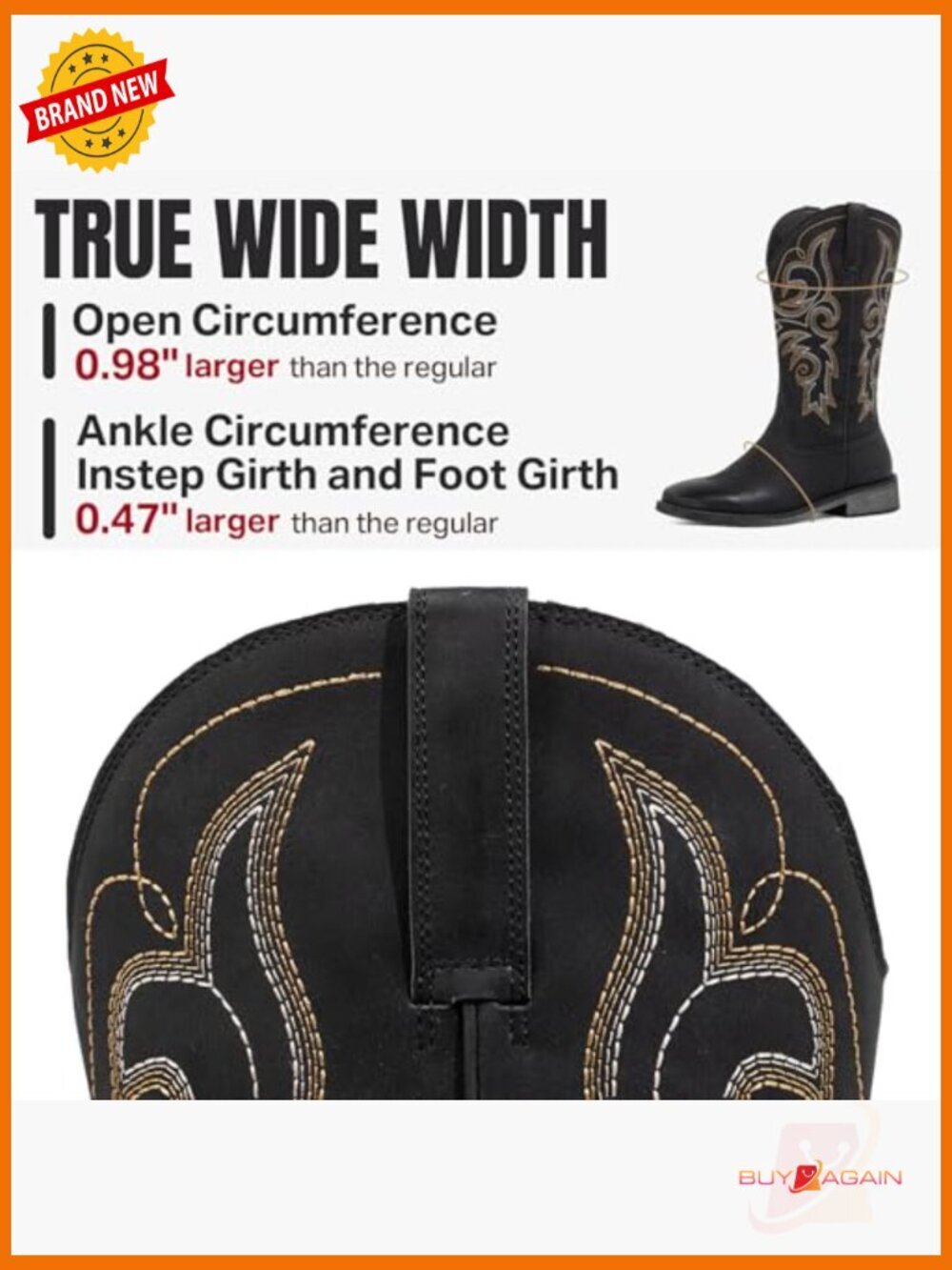 Wide Calf Cowboy Boots - Square Toe Embroidery, Pull On, Padded Insole, Low Heel - Picture 6 of 7